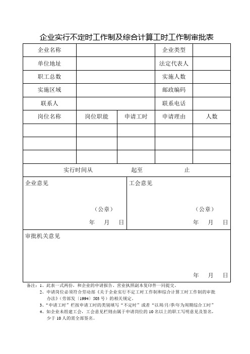 企业实行不定时工作制及综合计算工时工作制审批表