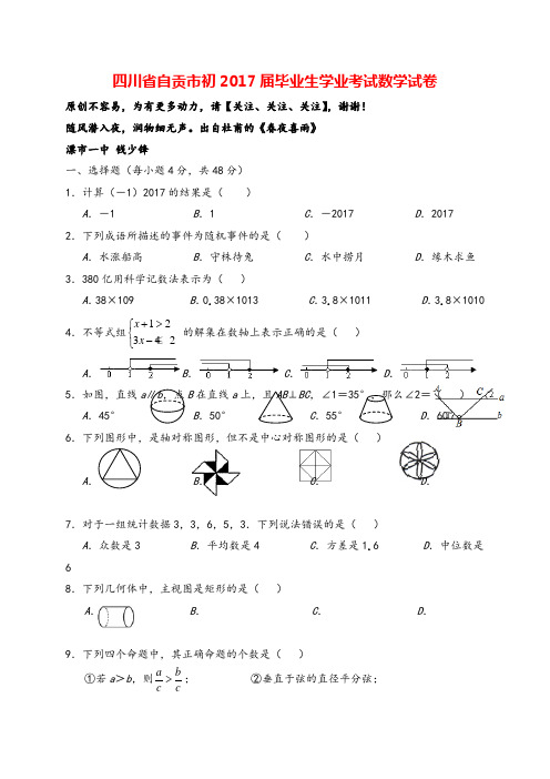 四川省自贡市2017年中考数学试题(word版,含答案)