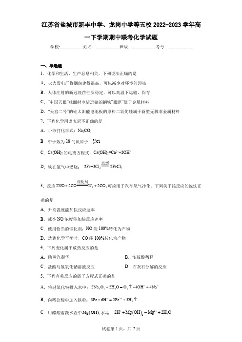 江苏省盐城市新丰中学、龙岗中学等五校2022-2023学年高一下学期期中联考化学试题