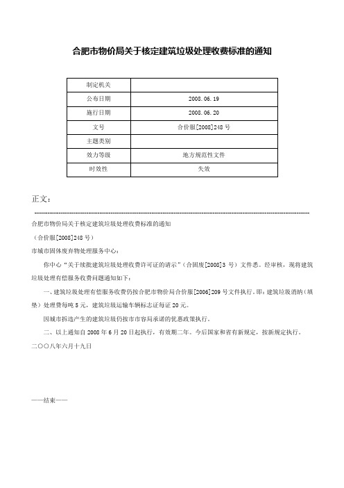 合肥市物价局关于核定建筑垃圾处理收费标准的通知-合价服[2008]248号