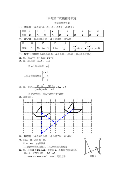 2021年中考数学第二次模拟考试参考答案