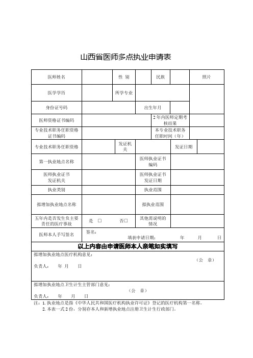 山西省医师多点执业申请表(新)