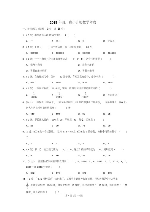 【精品】2019年四川省小升初数学考试卷以及答案(逐题解析版)