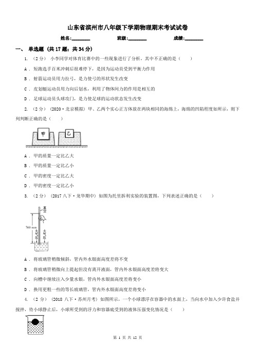 山东省滨州市八年级下学期物理期末考试试卷