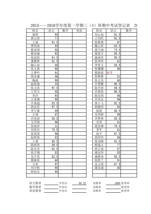 三年级各班语文期中考试成绩登记表