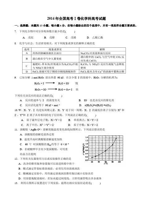 2014高考真题理科综合全国新课标1卷试题及答案