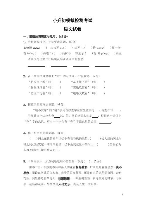 人教版六年级小升初语文模拟试卷及答案