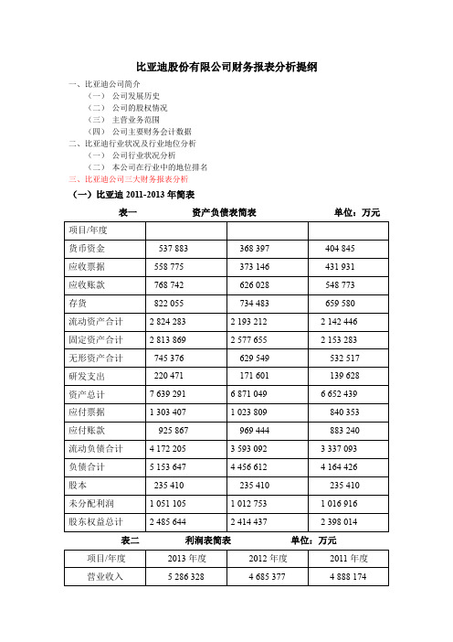 比亚迪财务报表分析提纲