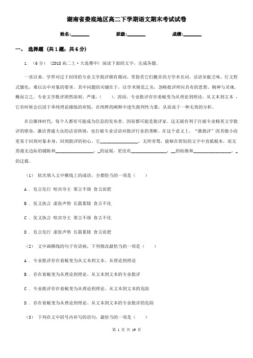 湖南省娄底地区高二下学期语文期末考试试卷