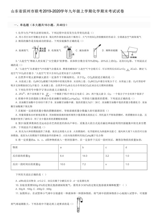 山东省滨州市联考2019-2020学年九年级上学期化学期末考试试卷及参考答案