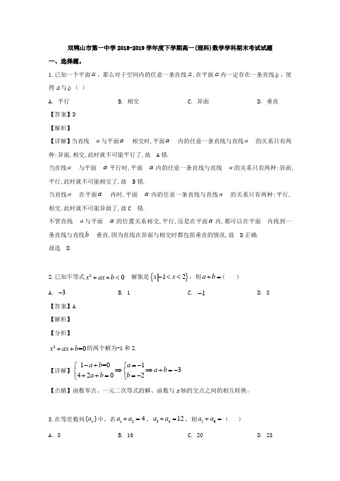 解析黑龙江省双鸭山市第一中学高一下学期期末考试数学理试题含解析