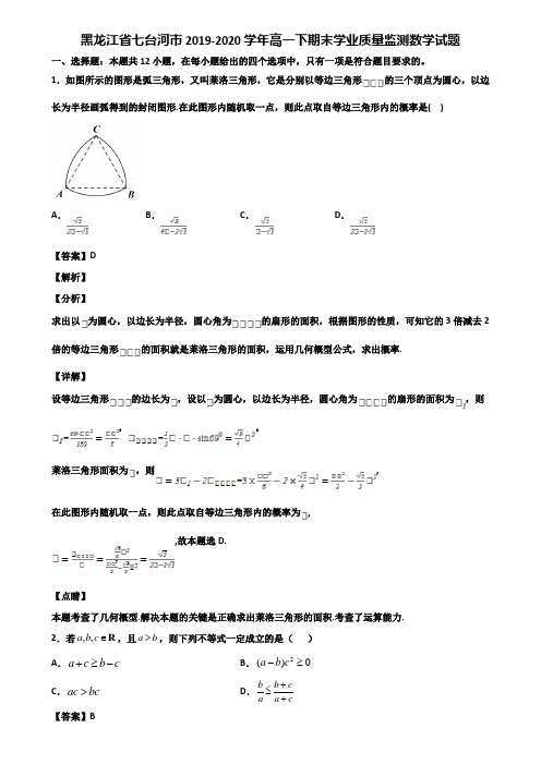 黑龙江省七台河市2019-2020学年高一下期末学业质量监测数学试题含解析