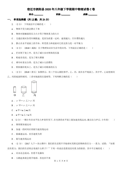 宿迁市泗阳县2020年八年级下学期期中物理试卷C卷