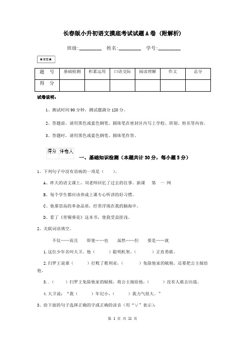 长春版小升初语文摸底考试试题A卷 (附解析)