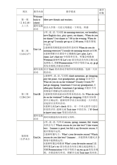 五年级英语教学进度表和教学内容