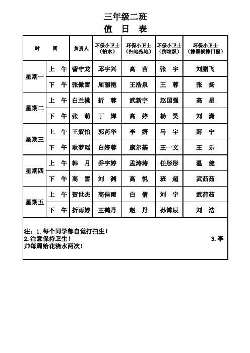 小学生值日表模板