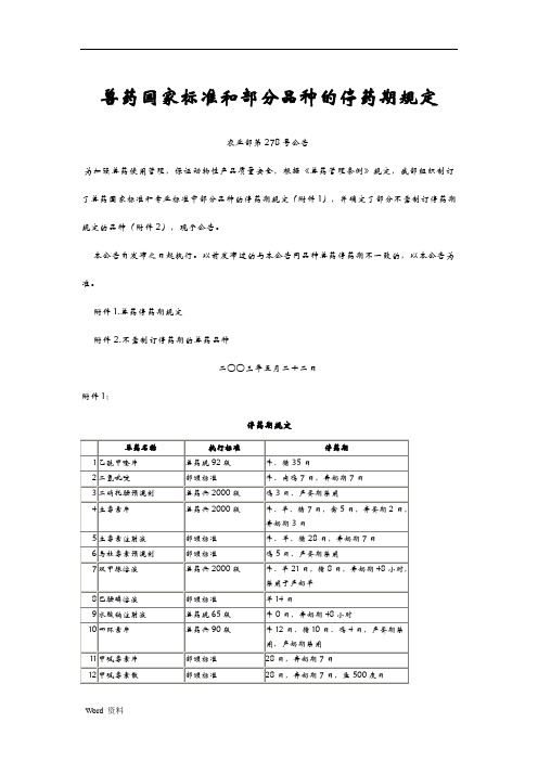 兽药国家标准及部分品种的停药期规定