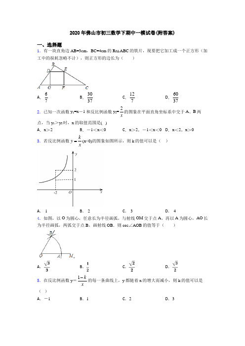 2020年佛山市初三数学下期中一模试卷(附答案)