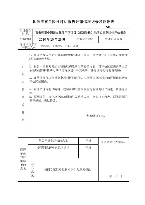 地质灾害评估报告评审记录及反馈表