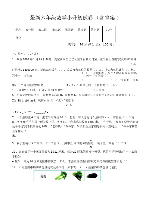 2020小升初数学试卷人教版(含答案)-2020小升初小升初数学