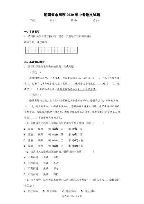 湖南省永州市2020年中考语文试题(含答案解析)