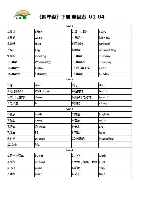 四年级下册英语单词