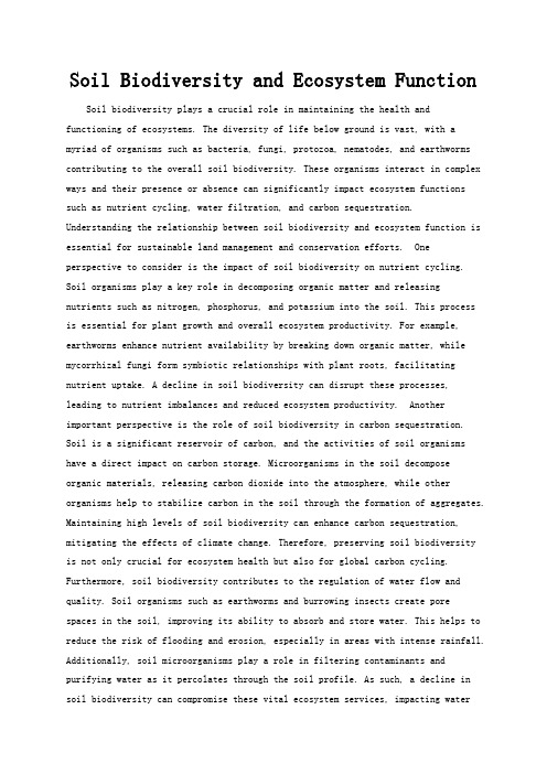 Soil Biodiversity and Ecosystem Function