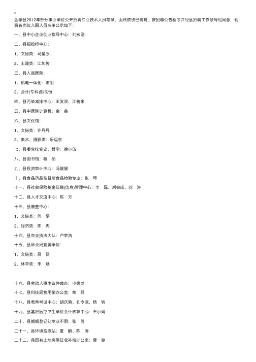 12年安徽省六安市金寨县事业单位公开招聘技术人员入围名单公布