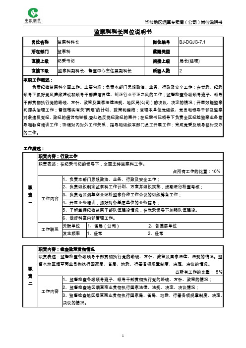 监察科科长岗位说明书范例