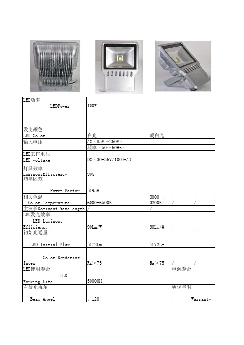 100w投光灯参数表工作表