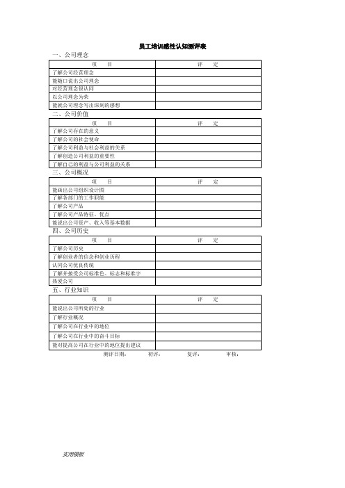 员工培训感性认知测评表【模板】