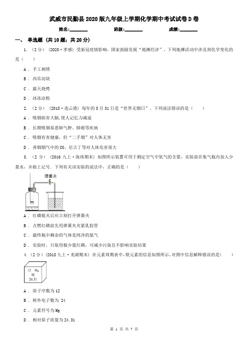 武威市民勤县2020版九年级上学期化学期中考试试卷D卷