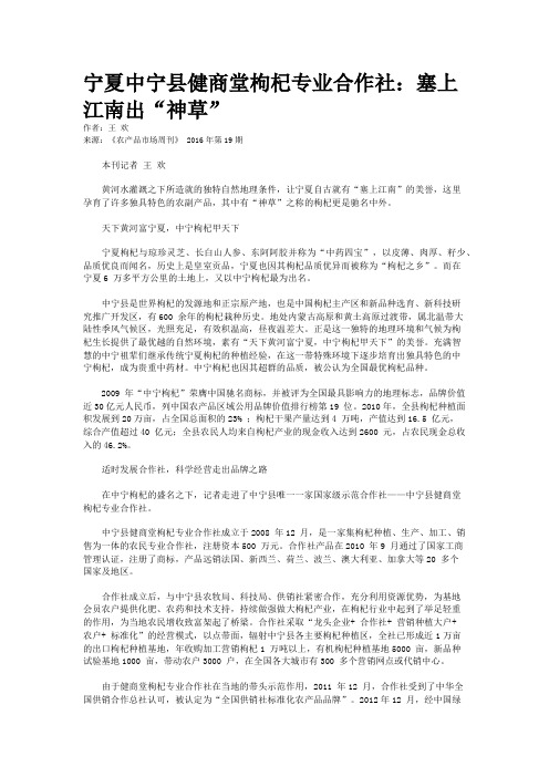 宁夏中宁县健商堂枸杞专业合作社:塞上江南出“神草”