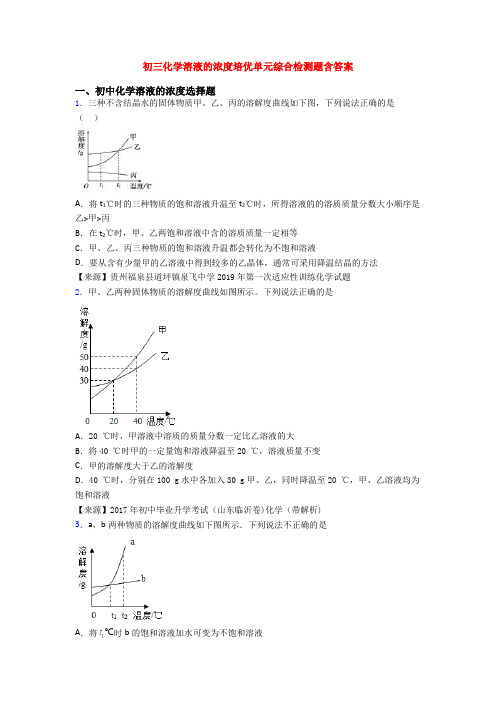 初三化学溶液的浓度培优单元综合检测题含答案