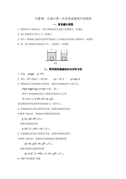 专题03压强计算(在柱体或液体中加物体)-上海市2024年中考复习资料汇编(培优专用)2