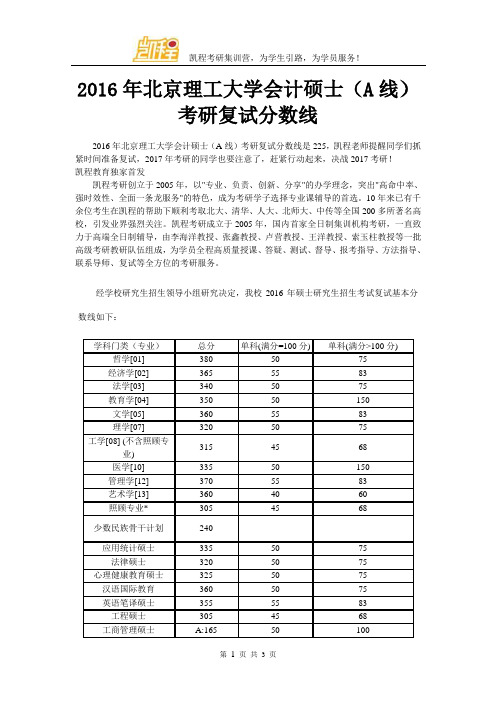 2016年北京理工大学会计硕士(A线)考研复试分数线