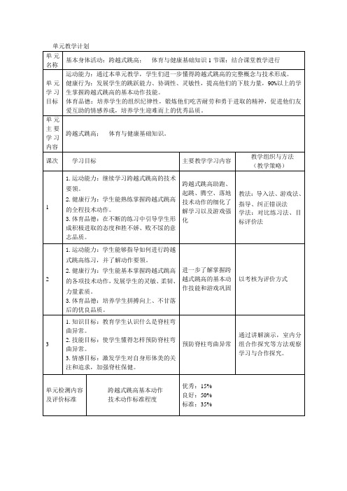 小学体育与健康五年级下册跨越式跳高和基本活动大单元教学计划