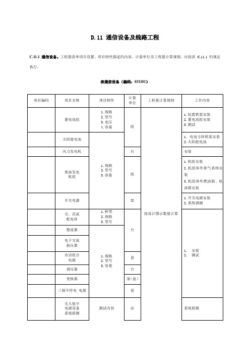 通信设备及线路工程量清单计价规范