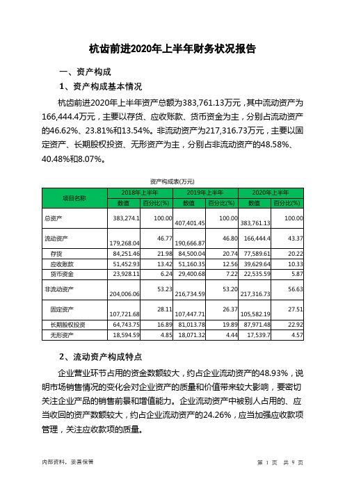 杭齿前进2020年上半年财务状况报告