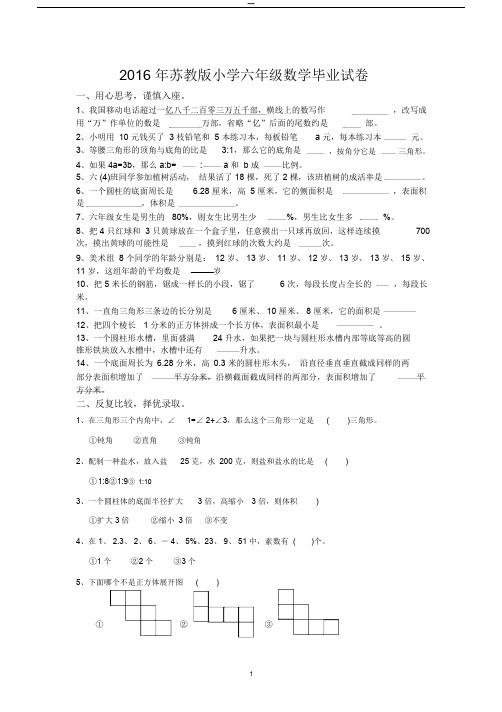 2017年苏教版小学六年级数学毕业试卷及答案,推荐文档