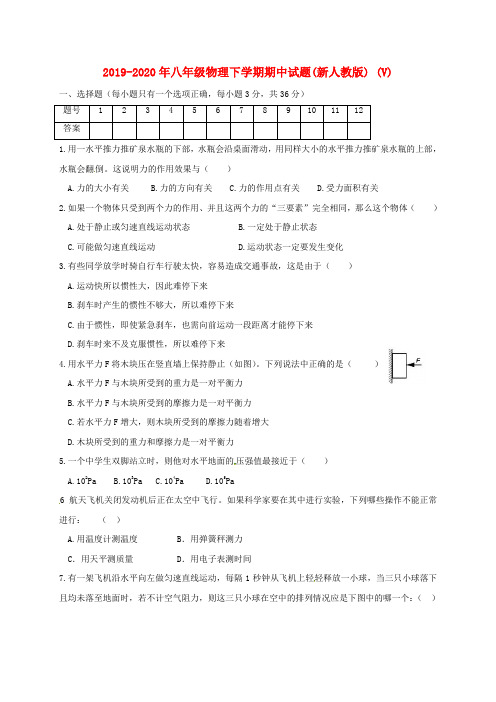 2019-2020年八年级物理下学期期中试题(新人教版) (V)