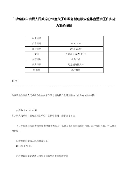 白沙黎族自治县人民政府办公室关于印发老楼危楼安全排查整治工作实施方案的通知-白府办〔2015〕57号