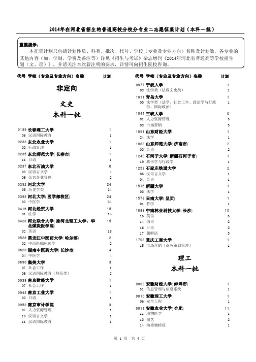 2014年河北省本科一批、地方农村专项计划二志愿征集计划