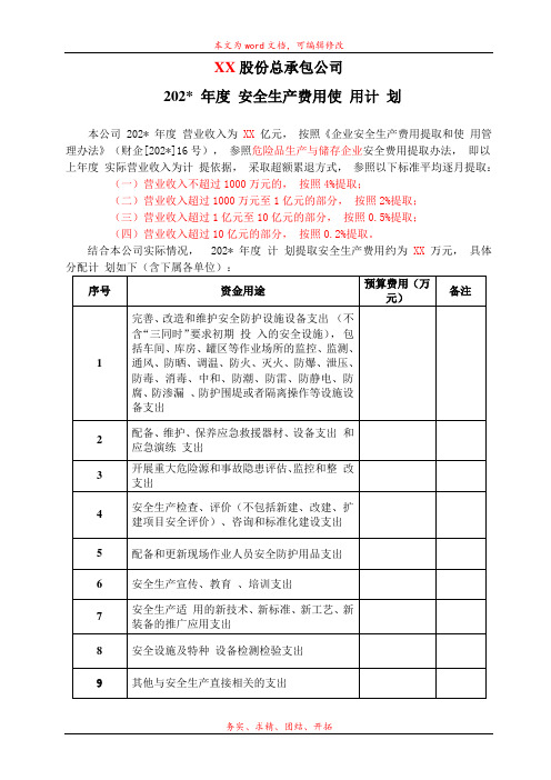 安全生产费用使用计划标准模板