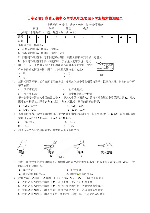 山东省临沂市青云镇中心中学八年级物理下学期期末检测题二(无答案)