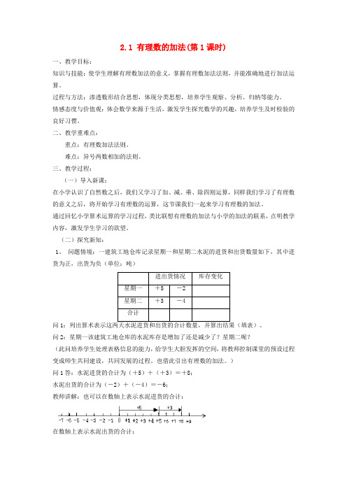 第2章有理数的运算2.1有理数的加法第1课时教案新版浙教版