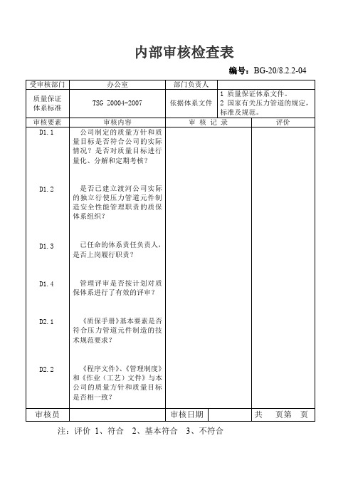 内部审核检查表最新版