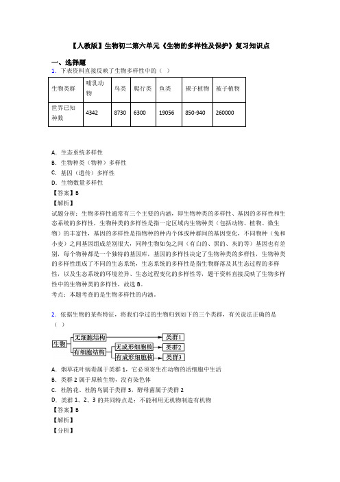 【人教版】生物初二第六单元《生物的多样性及保护》复习知识点