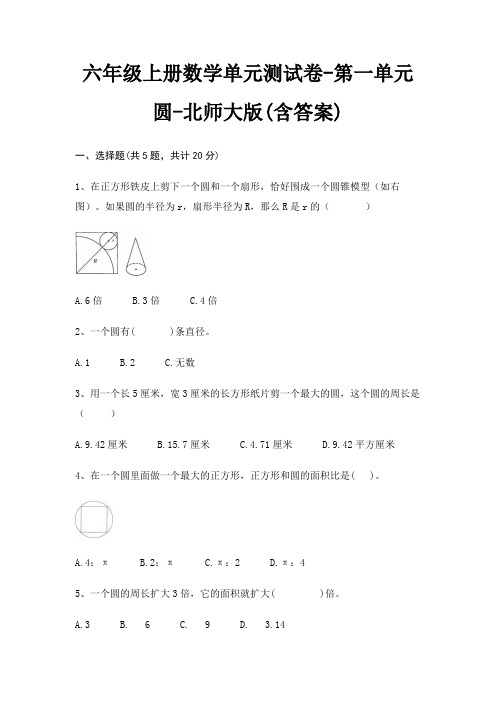 北师大版六年级上册数学单元测试卷第一单元 圆(含答案)