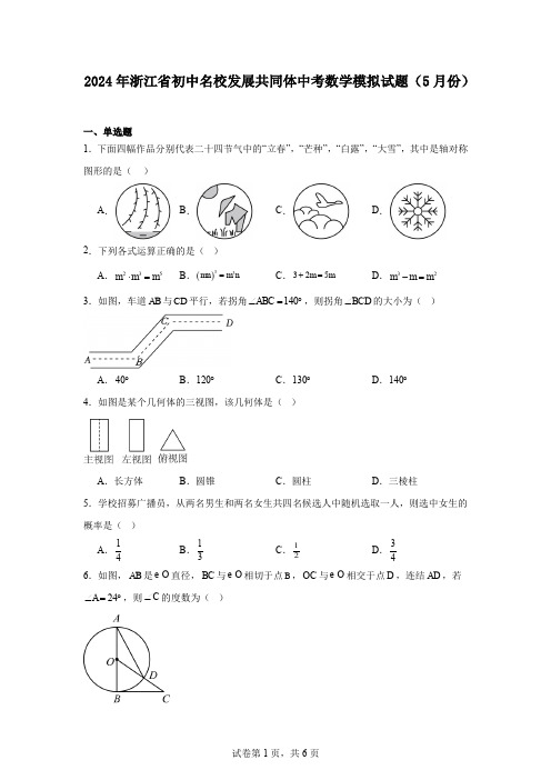 2024年浙江省初中名校发展共同体中考数学模拟试题(5月份)